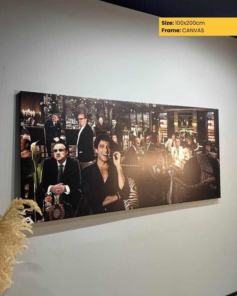 Large canvas print of a group of people in formal attire on a wall.
