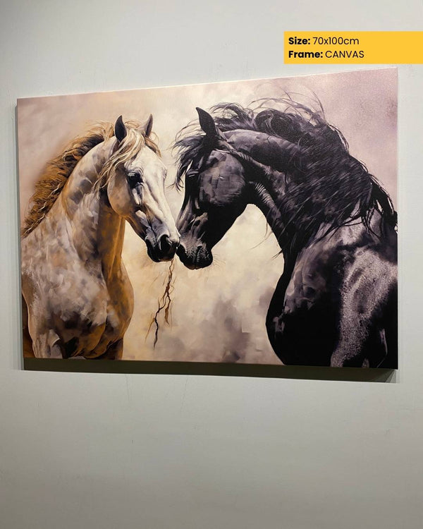Canvas print of two horses facing each other on a plain background