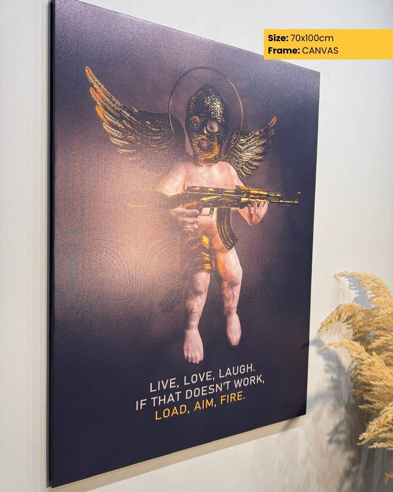 Canvas print of an angel holding a rifle with humorous text on a wall.