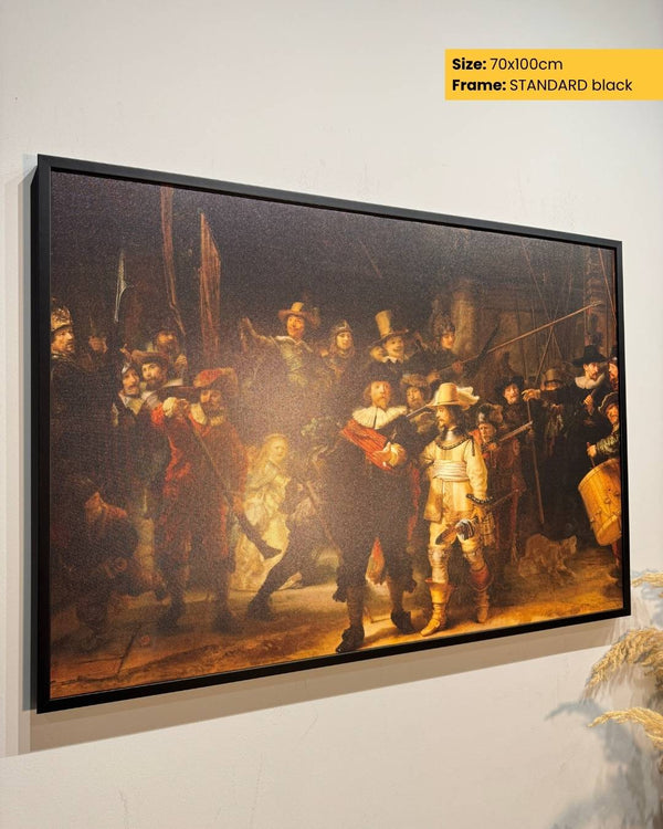 Framed painting of a historical scene with soldiers on a white wall.