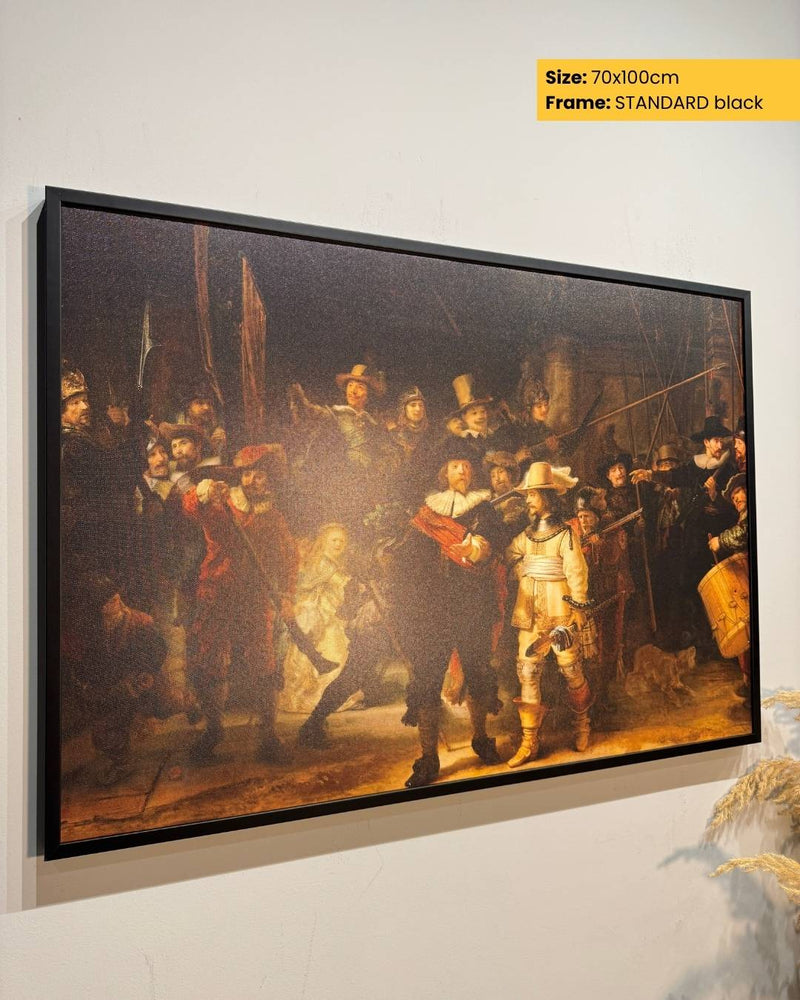 Framed painting of a historical scene with soldiers on a white wall.