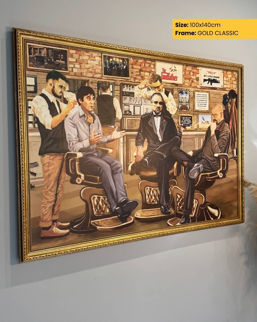 Barbershop-themed painting with gold frame on a gray wall