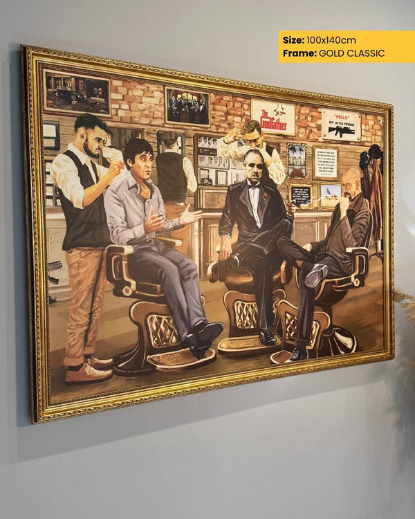 Barbershop-themed painting with gold frame on a gray wall