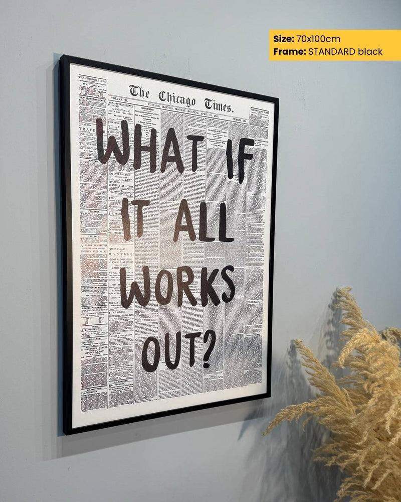 Framed poster with text 'What if it all works out?' on a gray wall.