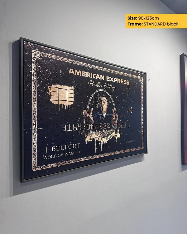 Framed American Express card on a wall with 'Wolf of Wall Street' branding.