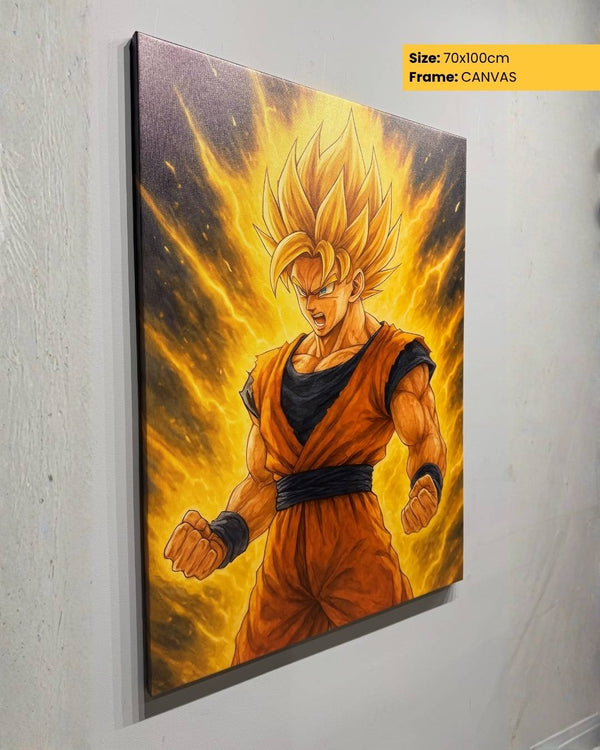 Canvas print of a character in a powerful pose with flames, displayed on a wall.