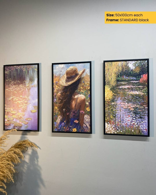 Three framed artworks on a wall with a size and frame type label.