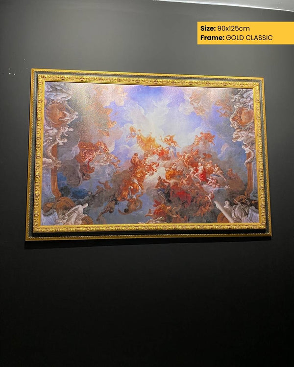 Framed abstract artwork with gold frame on a dark background