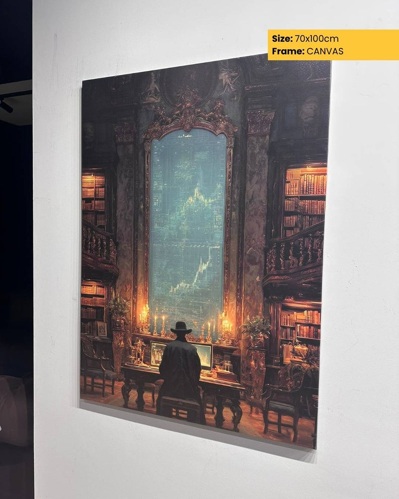 Canvas print of a man in a library with a large window, framed by a yellow border with text.