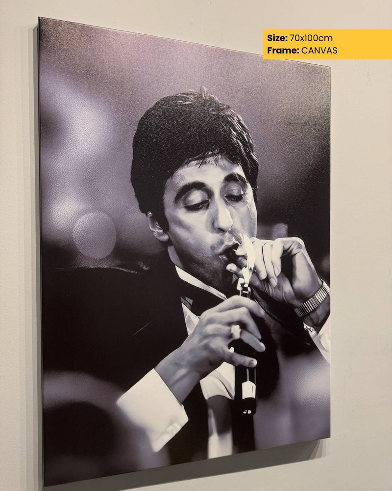 Black and white portrait of a man playing a clarinet on a canvas print with size and frame information.
