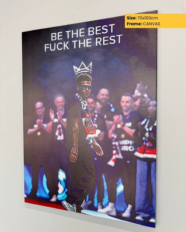Canvas print with a motivational quote and a person in a crowd, displayed on a white wall.