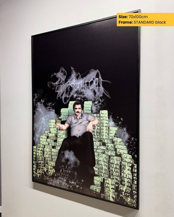 Framed artwork of a person sitting on money with smoke effects, displayed on a wall.