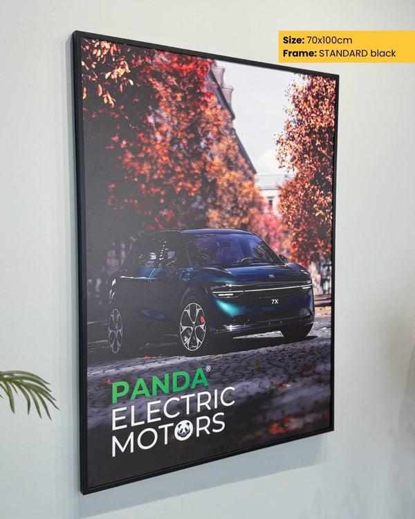 Framed poster of a car with Panda Electric Motors branding on a wall.