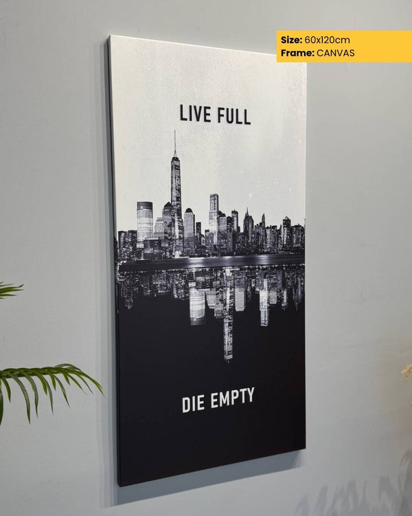 Canvas print of a city skyline with motivational text on a wall.