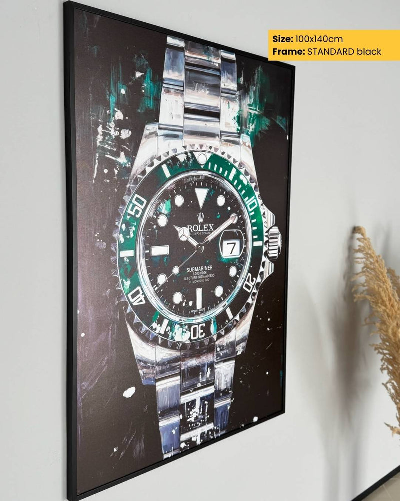 Framed artwork of a Rolex watch on a white wall