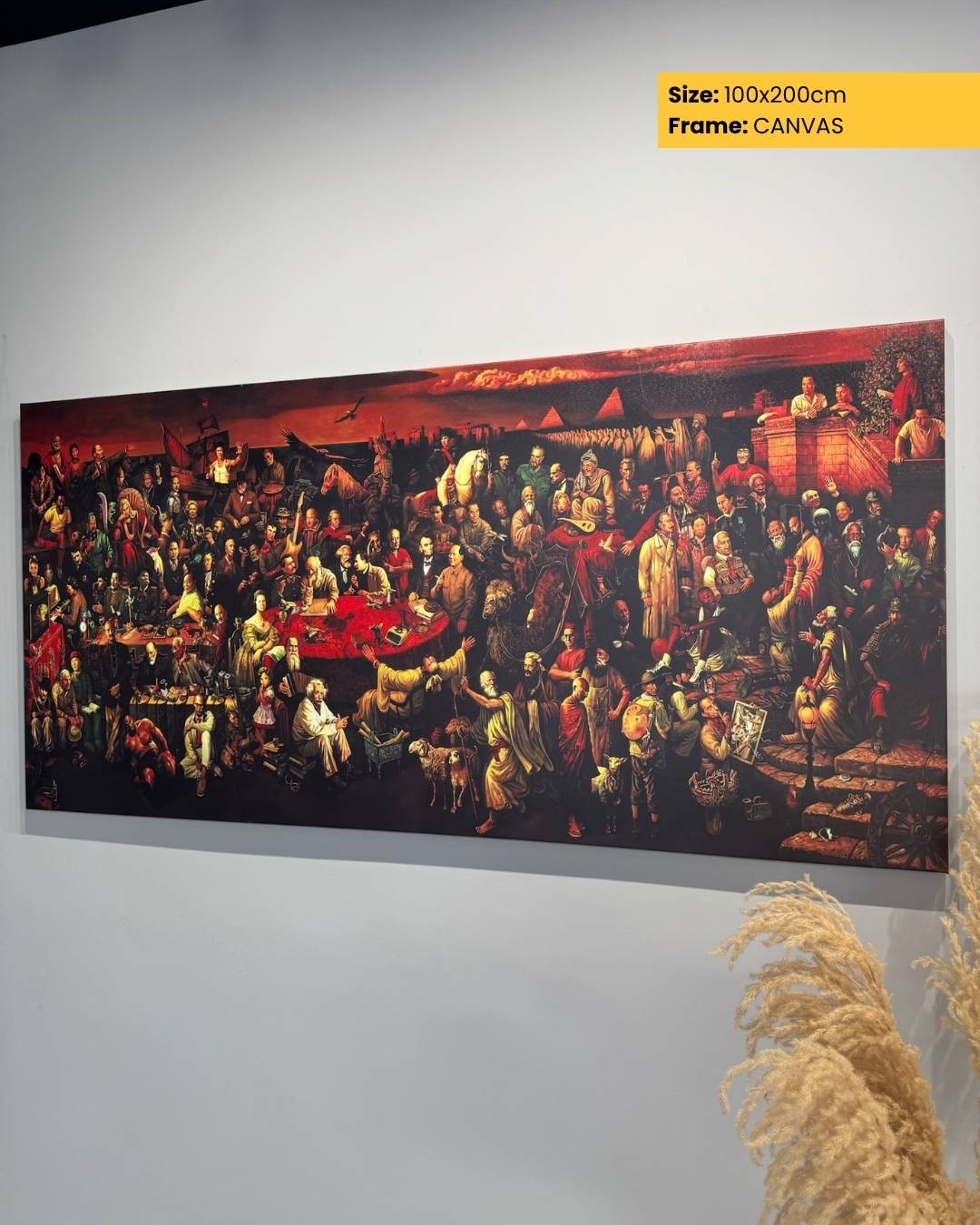 Large canvas print of a crowded scene on a white wall with a decorative plant.