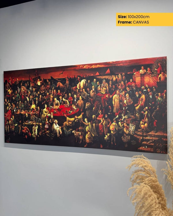 Large canvas print of a crowded scene on a white wall with a decorative plant.