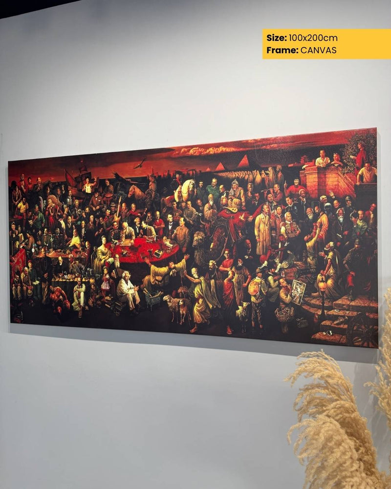 Large canvas print of a crowded scene on a white wall with a decorative plant.