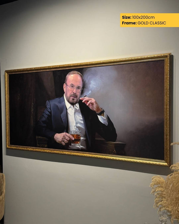 Framed artwork of a man smoking a cigarette and holding a drink, displayed on a wall.