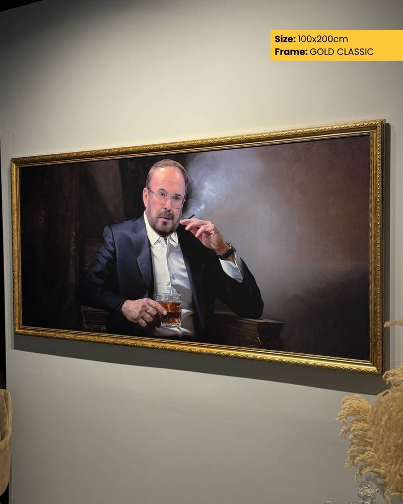 Framed artwork of a man smoking a cigarette and holding a drink, displayed on a wall.