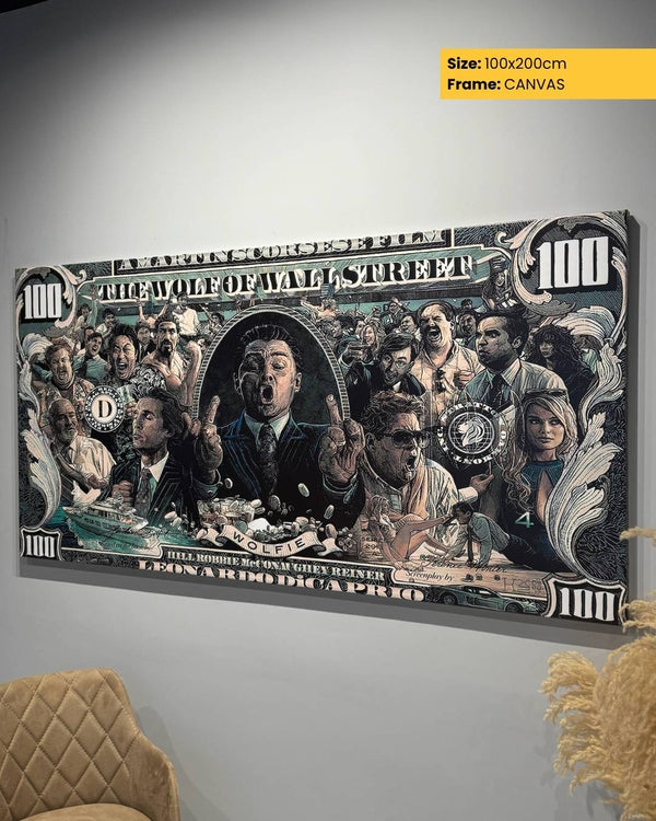 Large movie poster of 'The Wolf of Wall Street' on a wall with a chair and decorative elements.
