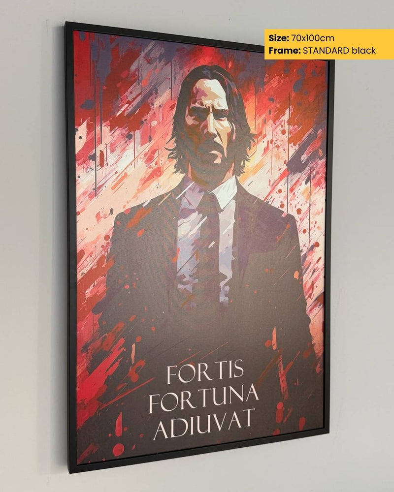 Framed poster with a stylized portrait and text 'Fortis Fortuna Adiuvat' on a red and black abstract background.