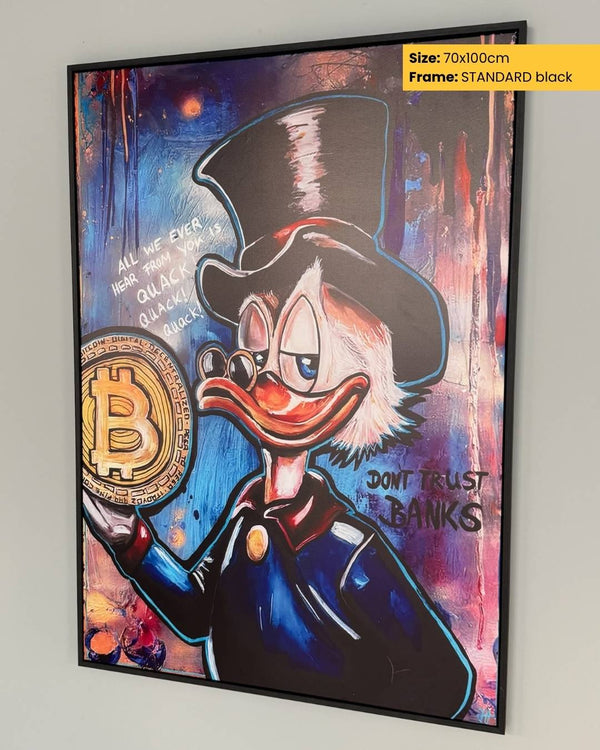 Framed artwork of a character holding a Bitcoin symbol with text 'Don't Trust Banks' on a colorful background.