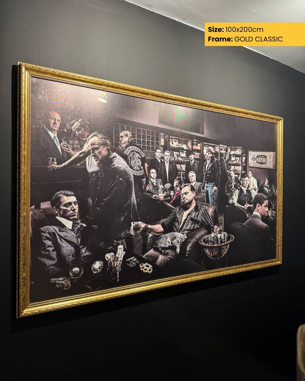 Framed artwork of a group of people in a bar setting on a dark wall.