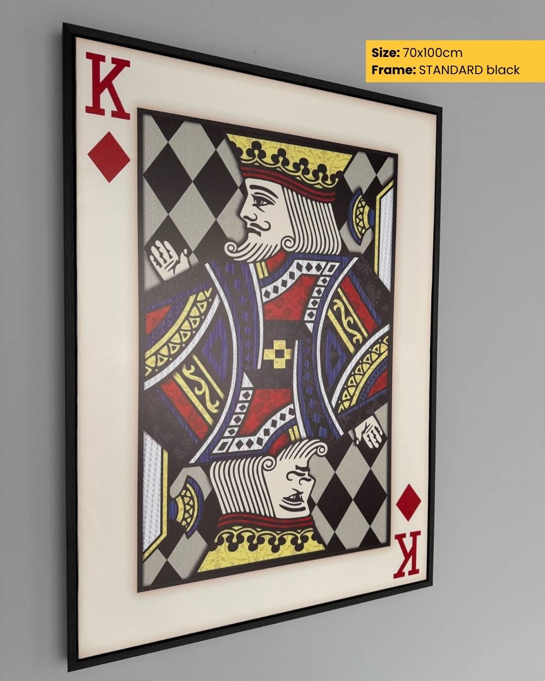Framed playing card with King of Diamonds design on a gray background