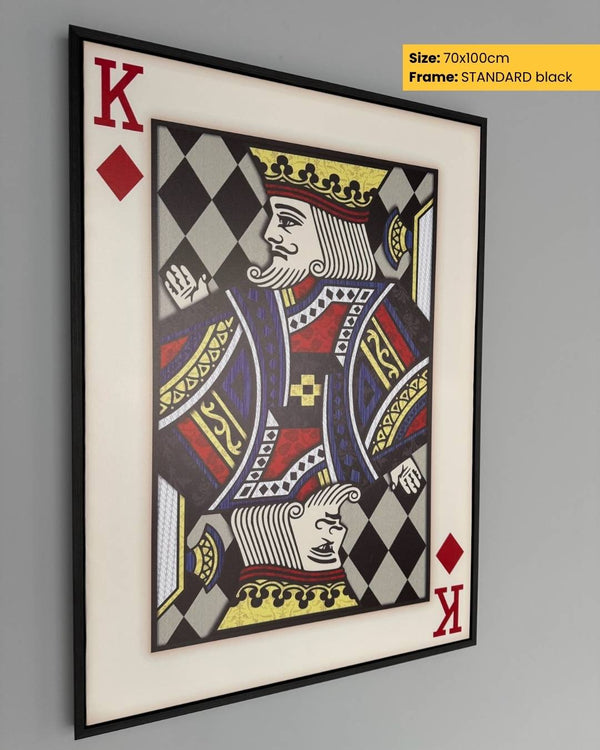 Framed playing card with King of Diamonds design on a gray background