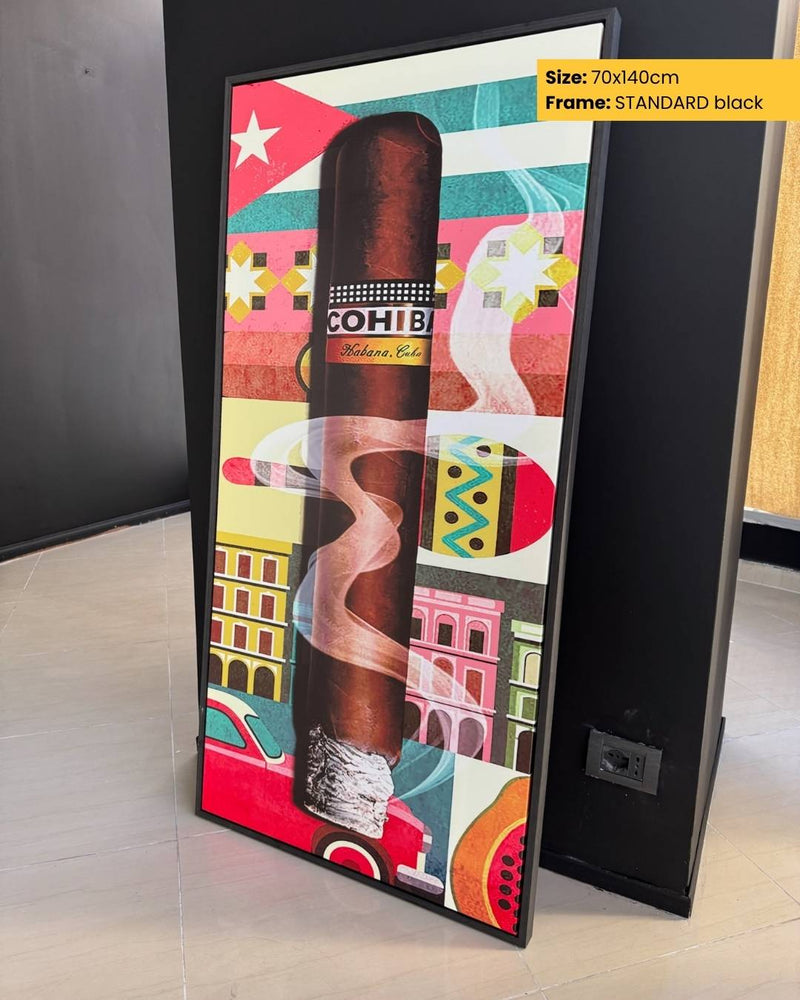 Framed artwork of a Cohiba cigar with colorful design elements on a black frame.