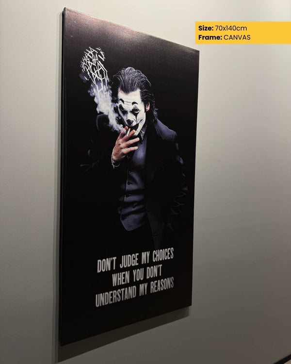 Canvas print of a character smoking with text on a gray wall.