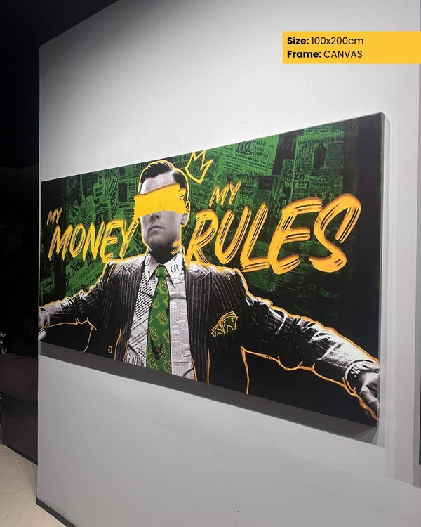 Canvas print of a man in a suit with 'My Money Rules' text on a green and black background.
