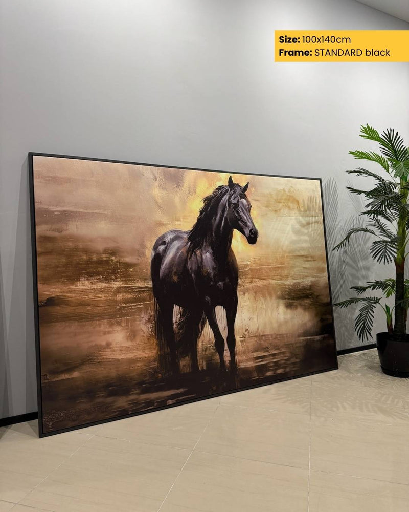 Large framed artwork of a horse on a wall with a plant in the corner.