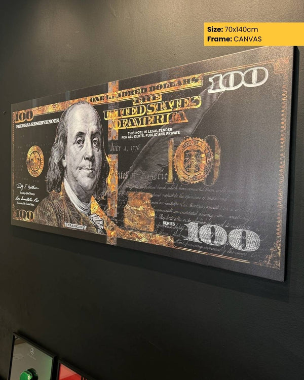 Canvas print of a $100 bill with Benjamin Franklin on a black wall.