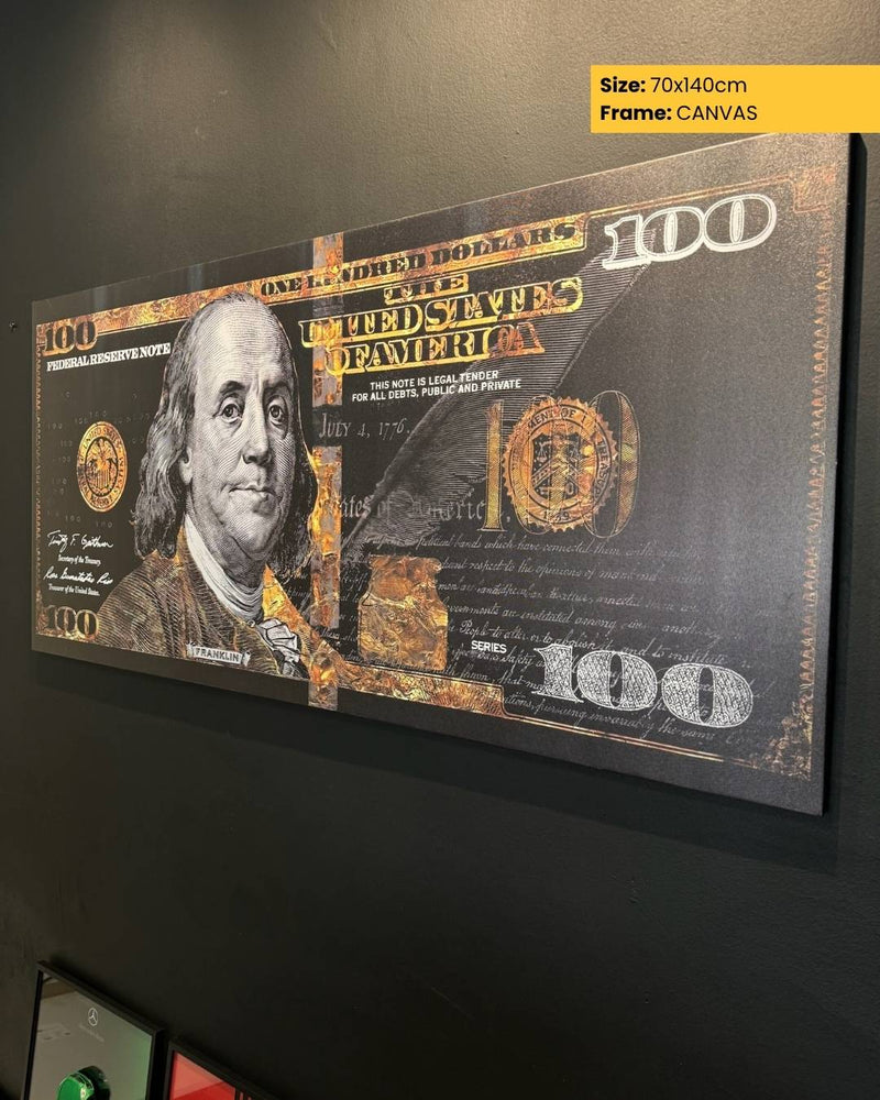 Canvas print of a $100 bill with Benjamin Franklin on a black wall.
