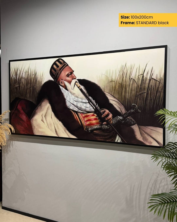 Large framed artwork of a historical figure sitting in a field with a rifle, displayed on a wall.