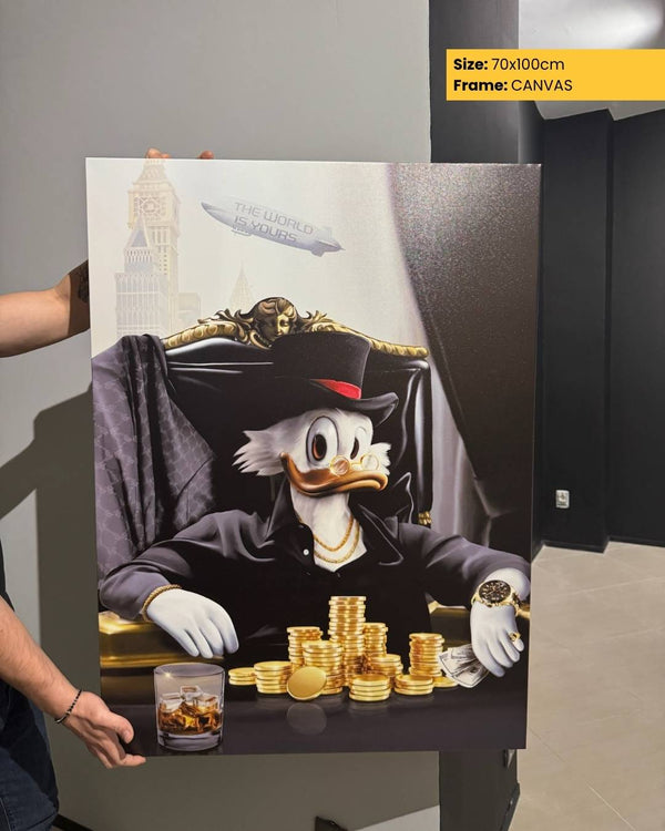 Person holding a canvas print of a character with money and a glass of whiskey.
