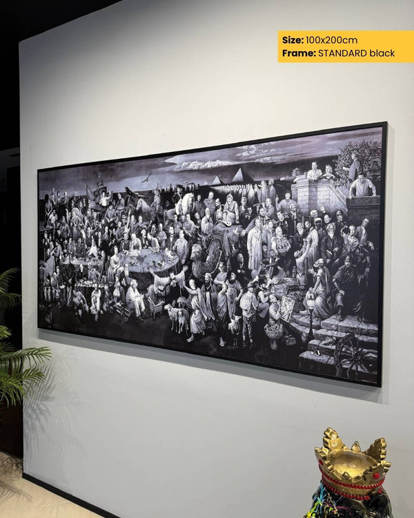 Large black and white painting of a crowded scene on a white wall with a decorative object at the bottom right corner.