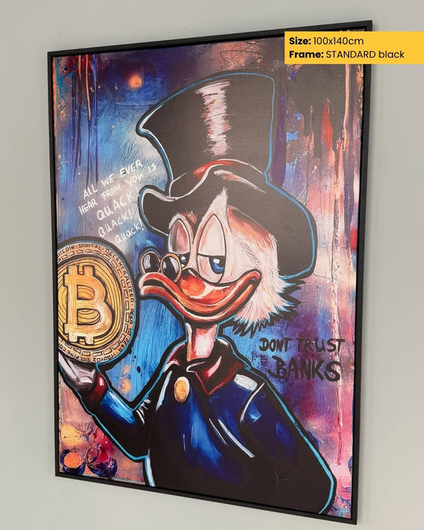 Cartoon character holding a Bitcoin symbol with text 'DON'T TRUST BANKS' on a colorful background.