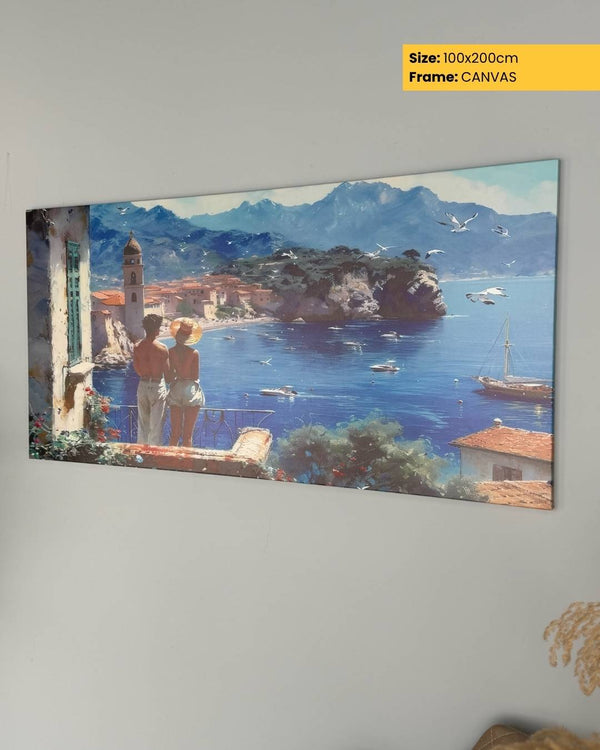 Canvas print of a scenic coastal view with people on a balcony, size 100x200cm.