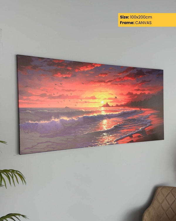 Canvas print of a sunset over a beach on a white wall.