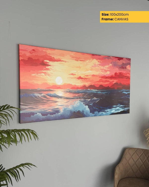 Canvas print of a sunset over water with a plant and chair in the foreground.