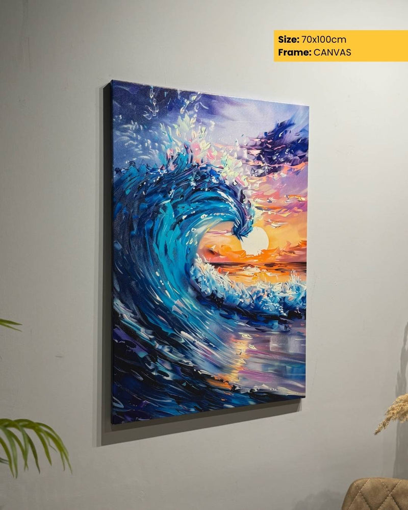 Canvas print of a wave painting with sunset on a wall.