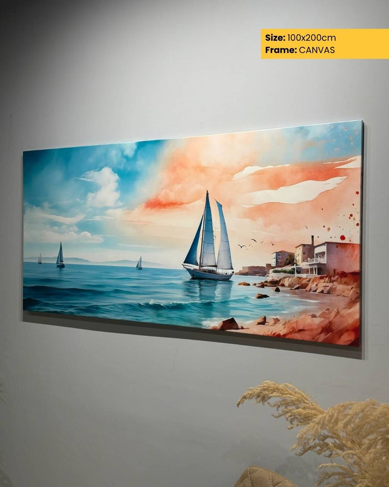 Canvas print of a beach scene with sailboats on a gray wall.