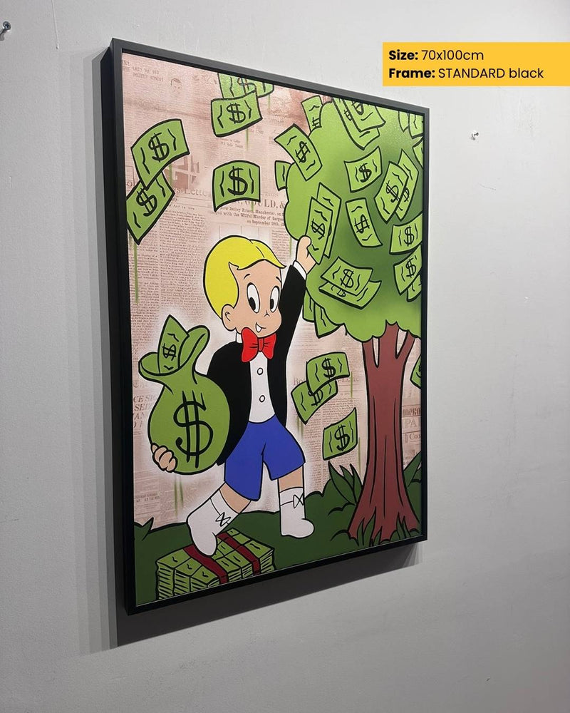 Framed cartoon artwork of a boy with money tree and bags on a gray wall.