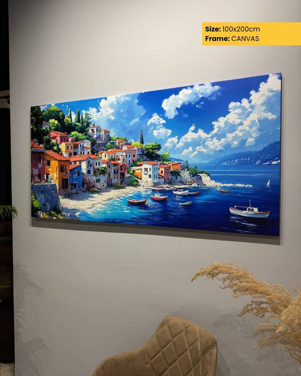 Canvas print of a coastal scene with houses and boats on a wall.