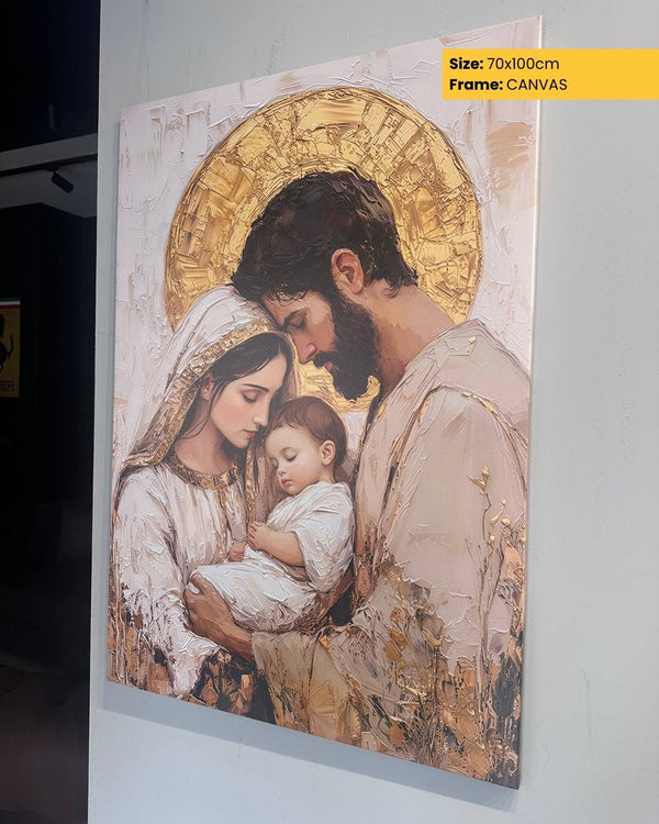 Canvas print of a religious scene with a family, size 70x100cm, on a white wall.