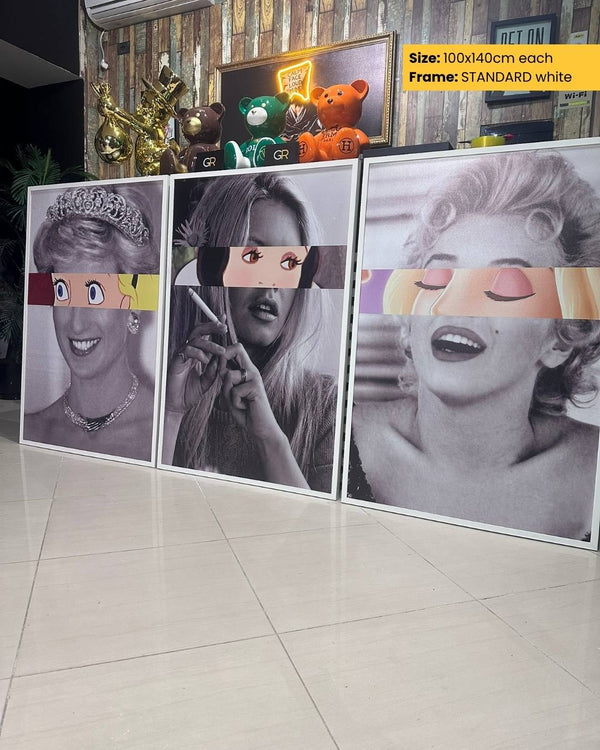Three framed black and white portraits with colorful visors on a tiled floor.