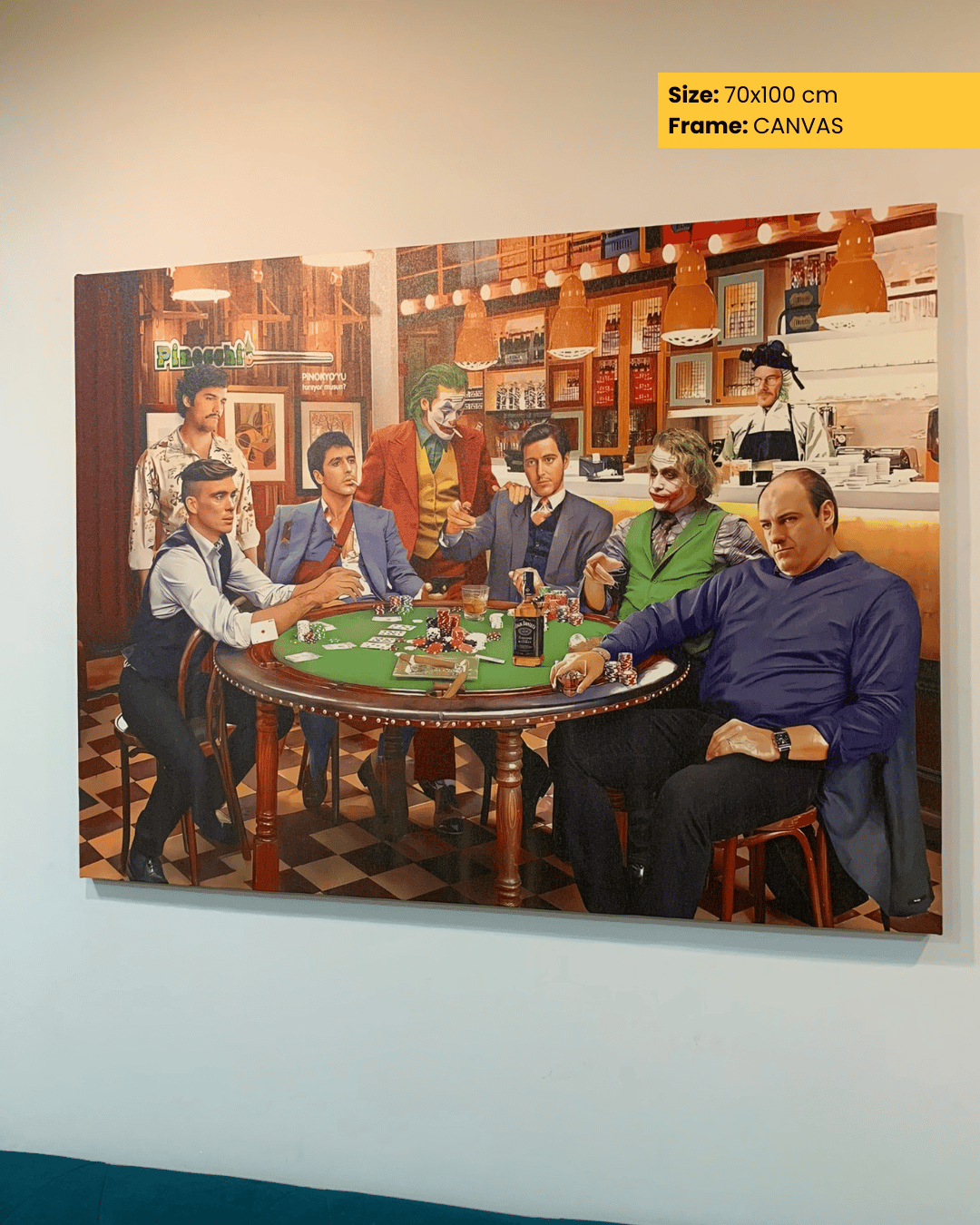 Canvas print of a poker game scene in a bar, displayed on a wall.